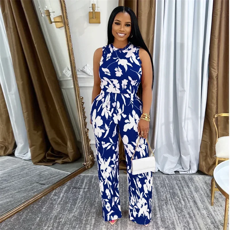 พิมพ์ดอกไม้ 2 ชิ้นชุดผู้หญิงฤดูร้อนชุด O-คอด้านบนและกางเกงขากว้างเอวสูงชุดการจับคู่ Conjunto Mujer