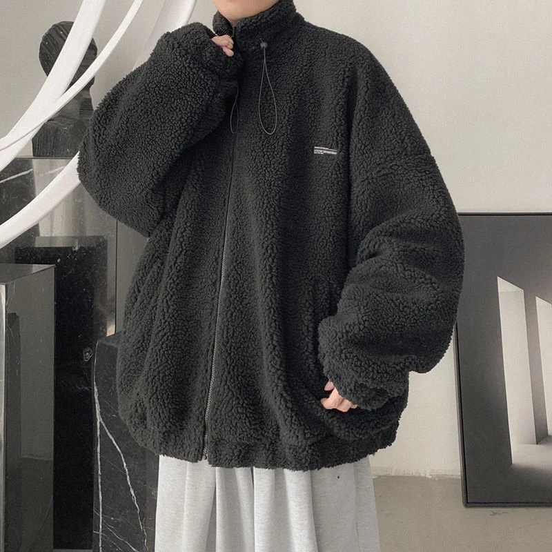 Winter Warm Lamb Fur Men Long Sleeve Sweatshirts Pocket Fashion All-match Simple Oversized Couple Clothing Coat Black Gray Blue