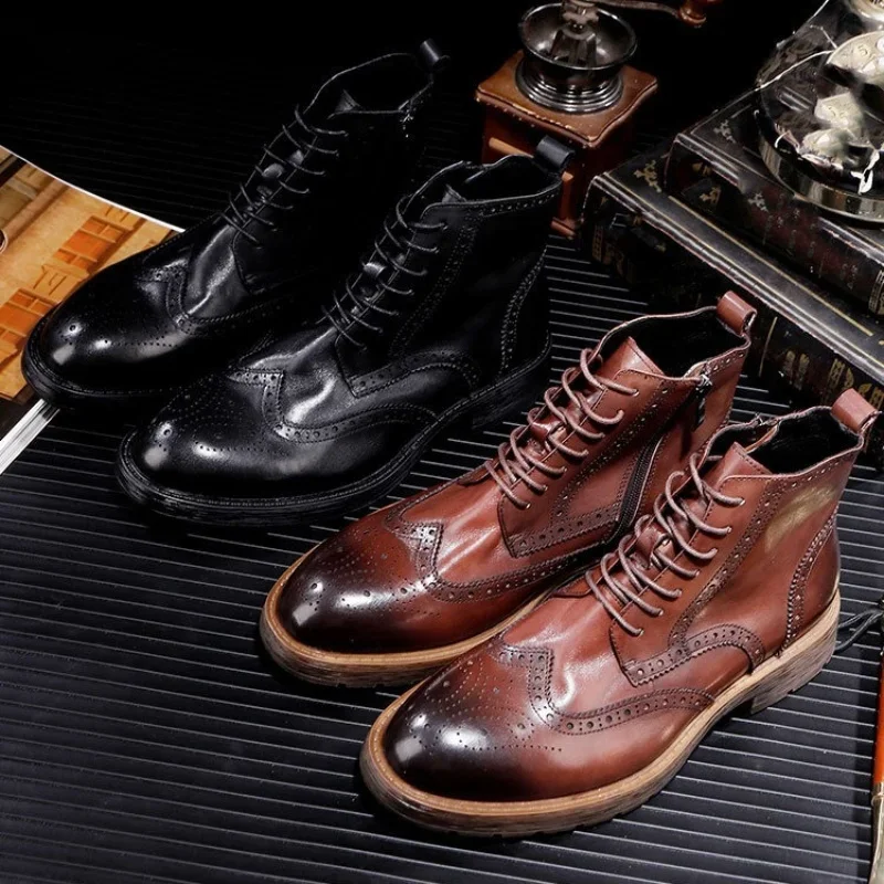 Soft Leather Mens Chelsea Boots Luxury Handmade Genuine Leather Designer Fashion British Trend Designer Ankle Brogues Shoes Man