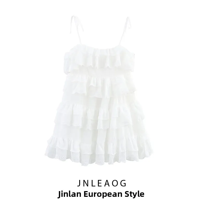 Vestido Curto F JNLEAOG Primavera Novo com Bordado e Decoração em Camadas Estilo Francês Cintura Alta Fibra de Poliést...