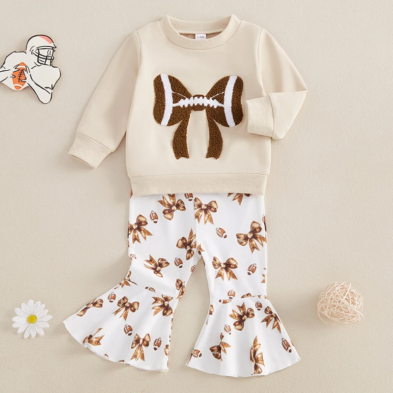 Toddler Baby Girls Football Outfits Autumn Fashion Long Sleeve Bow Embroidery Sweatshirt and Pants 2Pieces Kids Sets 0-3Years