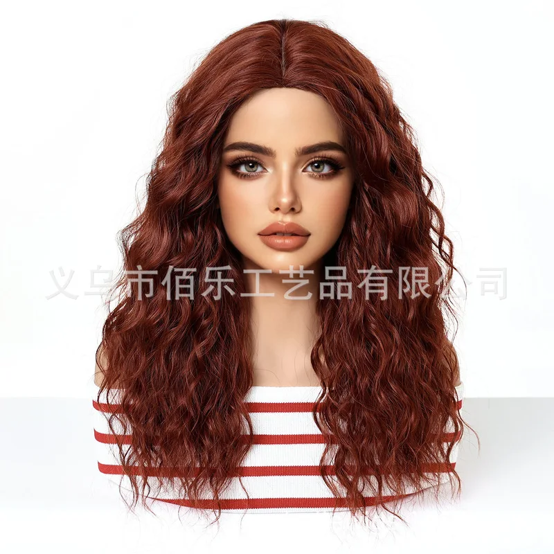 European and American style orange-red small curly middle-parted full wig for women, synthetic fiber, rose net