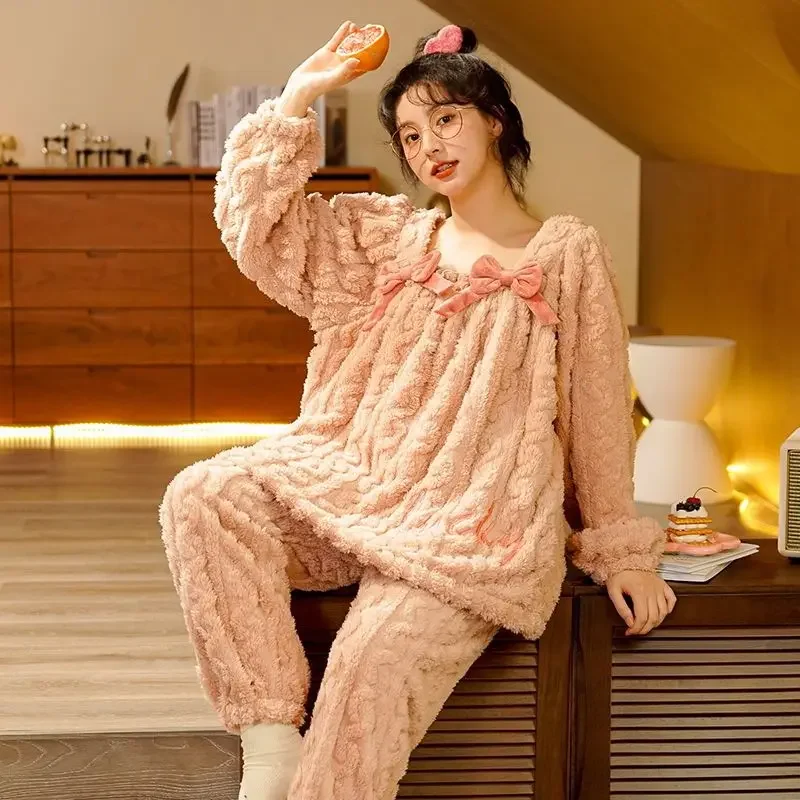 New Coral Velvet Pajama Women Autumn Winter Nightgown Thicken Warm Nightdress Plus Size Student Sleepwear Flannel Homewear Suit