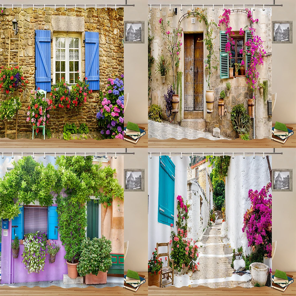 Landscapes Shower Curtains ​Floral Leaves Plant Retro Architecture Street House Door Window Scenery Bath Decor Polyester Fabric