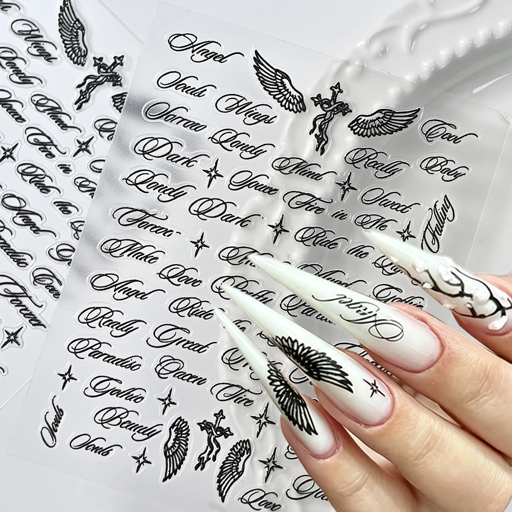 2pcs Black English Letter & Angel Wings Nail Sticker 5D Gothic Words Cross Star Self-adhesive Nail Decals Y2k Punk Manicure Deco