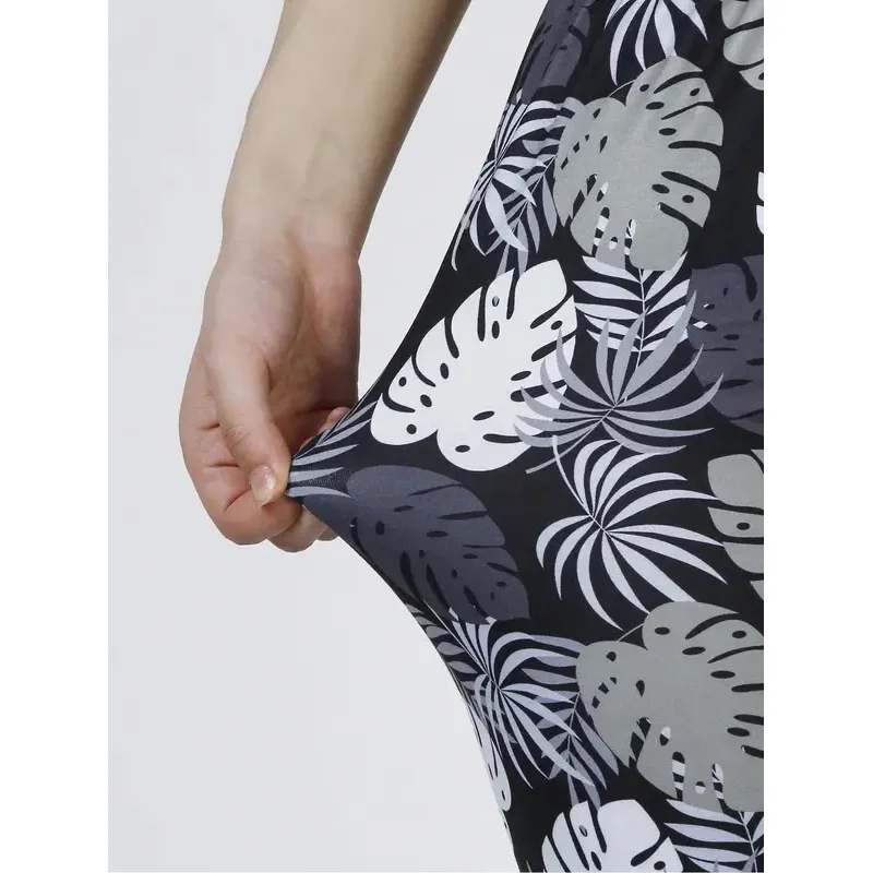 Plant Leaf Print Cropped Pants Casual Sports Leggings High Stretch Yoga Pants Gym Training Pants Outdoor Cycling Leggings