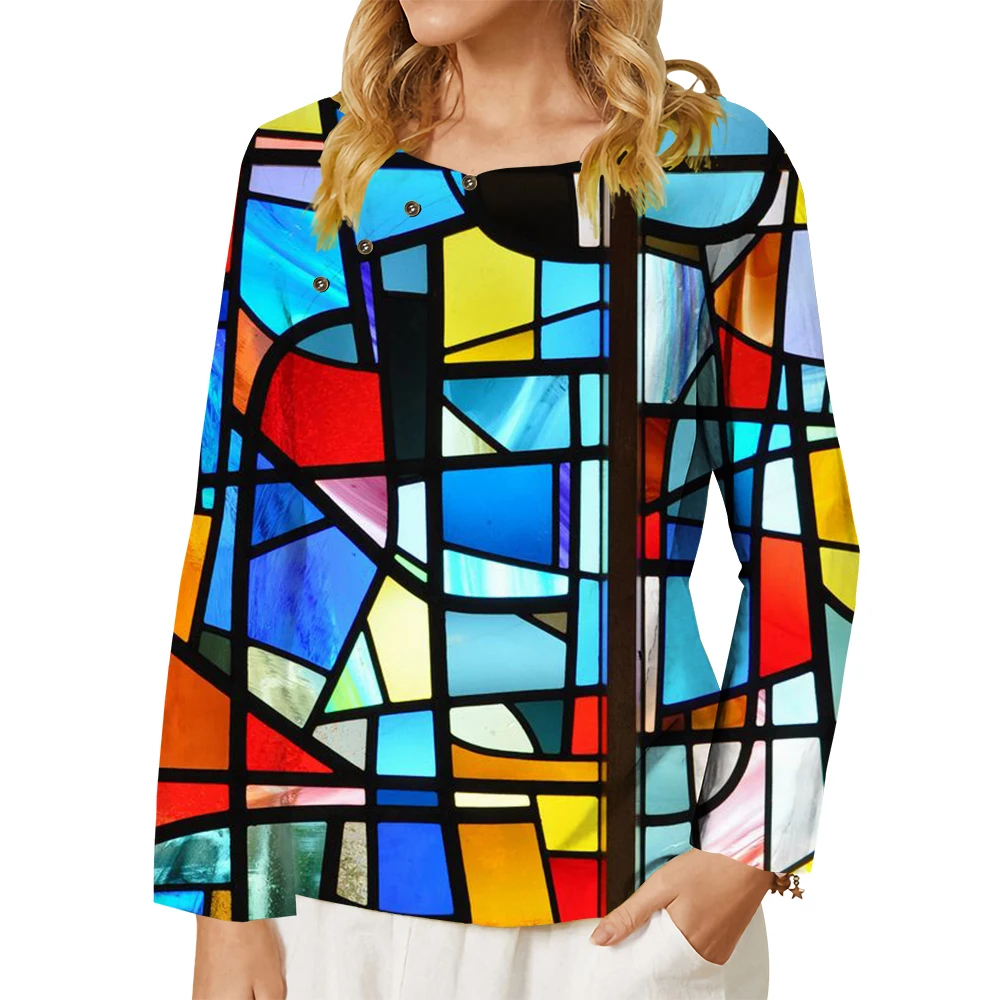 CLOOCL Women's T-shirt Fashion Long Sleeve Tops Romantic Color Moroccan Art Irregular Geometry Print Blouse 2022 New