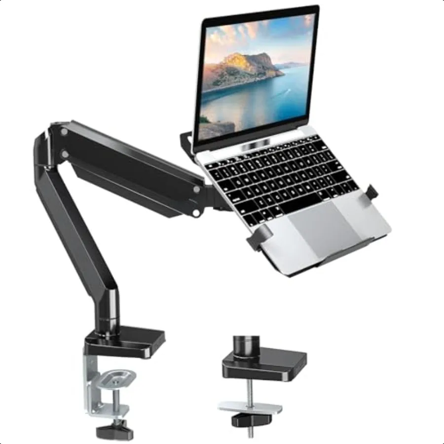 

Laptop Arm Mount for Desk 2 in 1 Function Monitor Laptop Stand Fits Max 17 Notebook and 32 Computer Screen Aluminum Single Moni