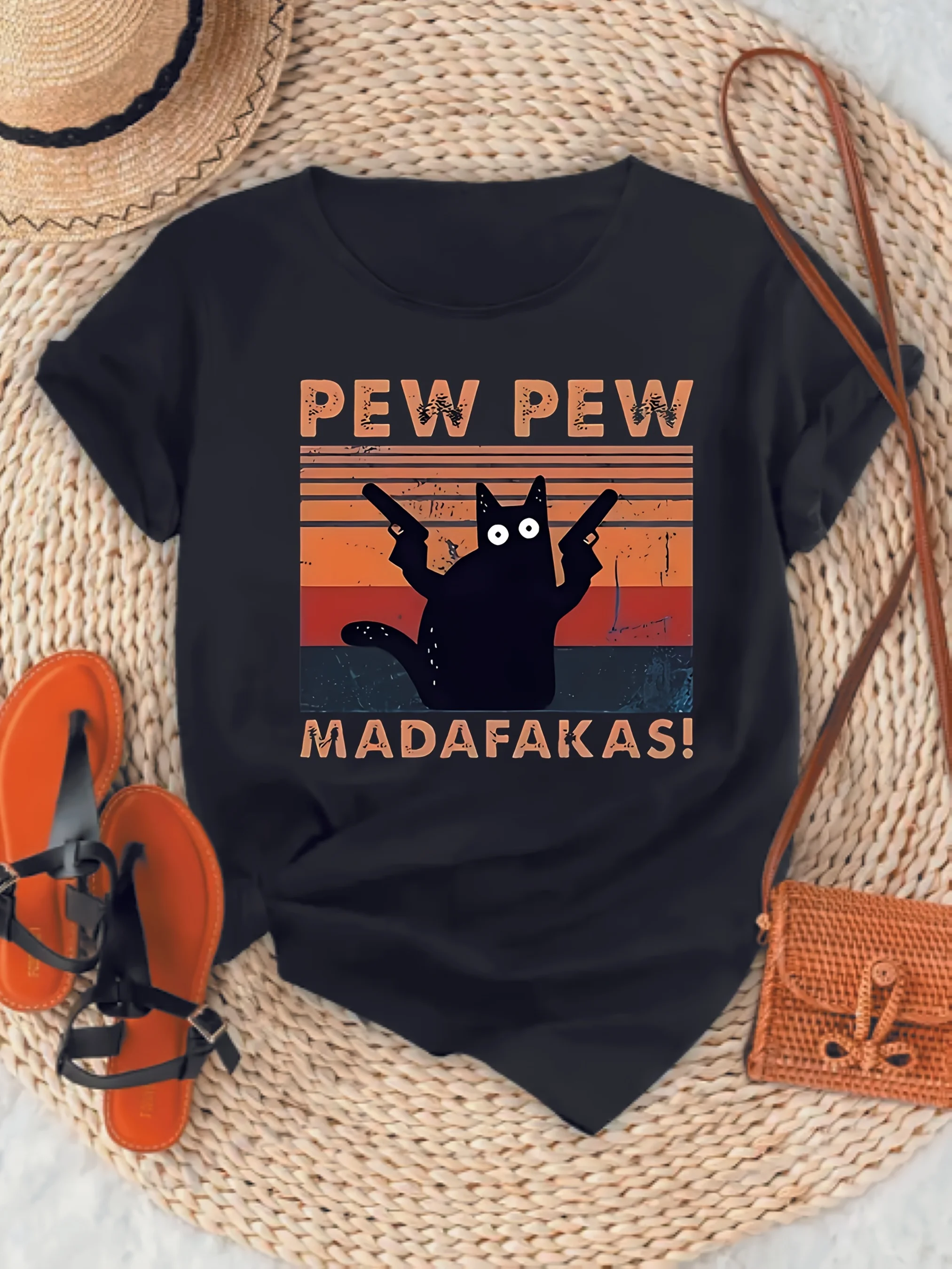 

Plus - Size Funny Black Cat Graphic Tee, Black Short - Sleeve with “PEW PEW MADAFAKAS!” Print