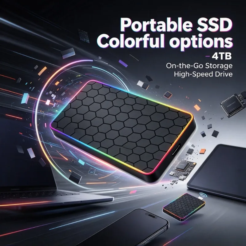 SSD externo portátil de 4 TB com iluminação RGB, unidade de estado sólido de alta velocidade, revestimento com textura em favo de mel, disco de armazenamento de grande capacidade e design colorido para portáteis e computadores.
