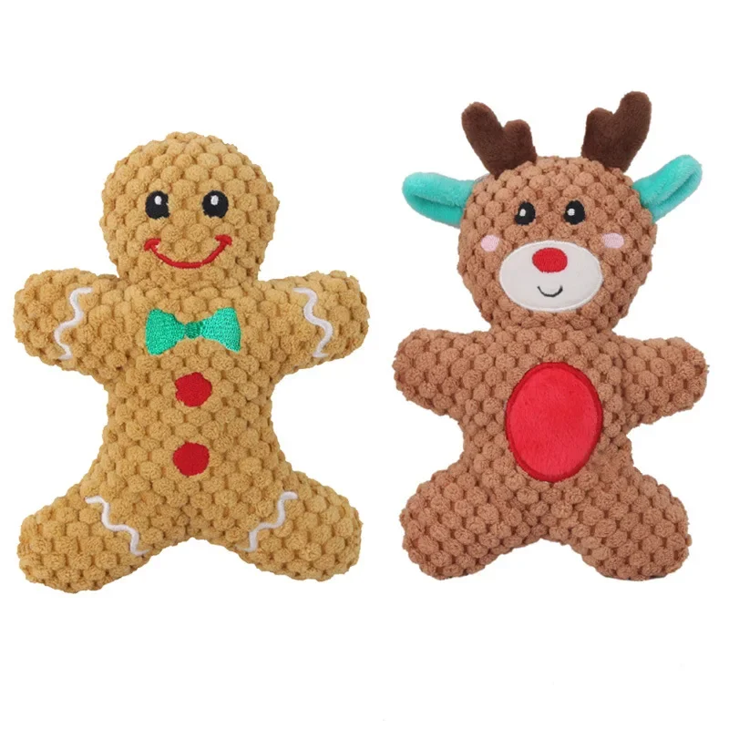 Xmas Pet Dog Plush Chew Toy Santa Elk Gingerbread Man Donut Cat Dog Christmas Series Cartoon Dog Toy Plush Squeak Toy Cookies