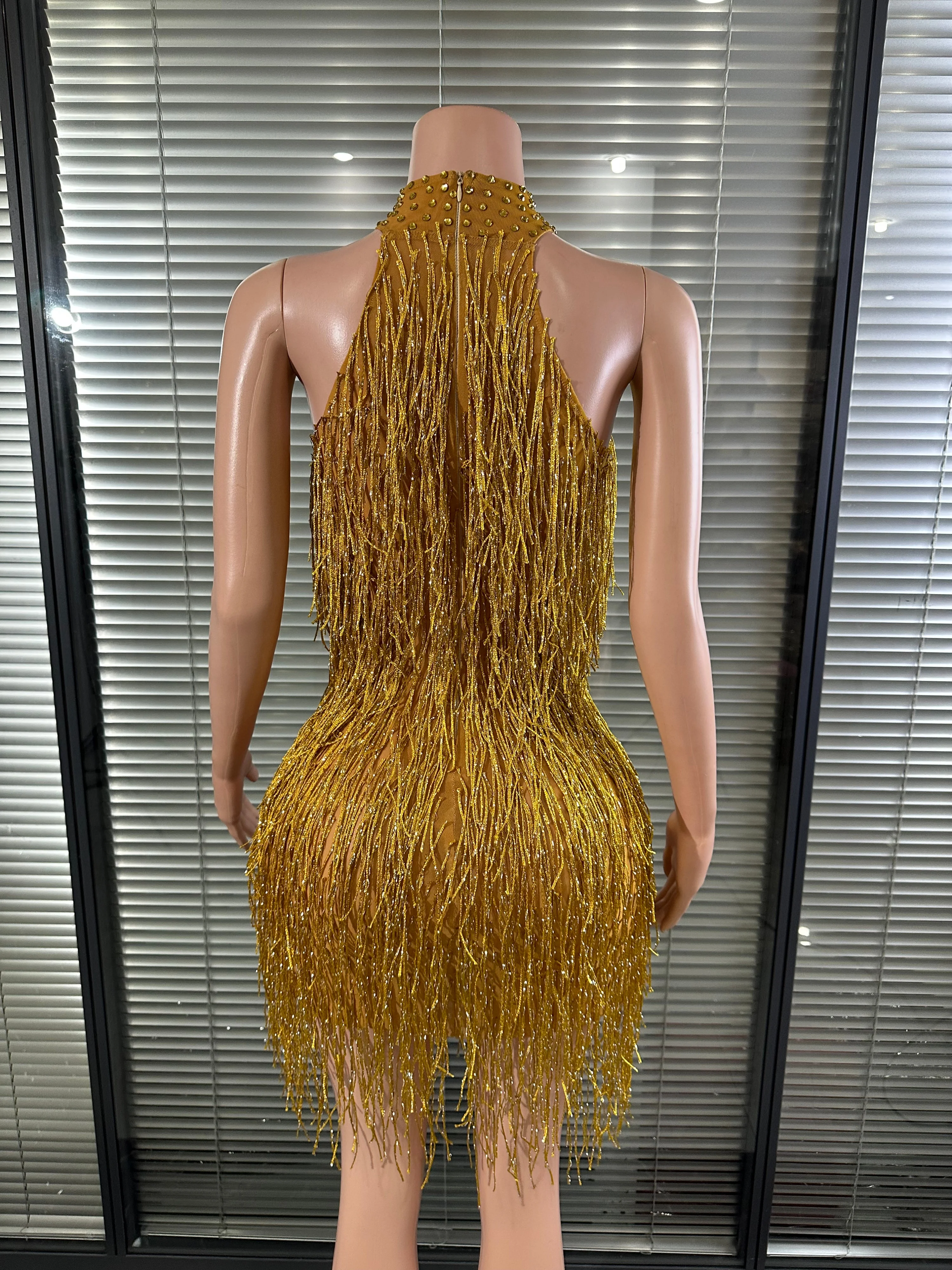Glamorous Gold Fringe Nightclub Party Mini Dress Women Sexy Rhinestone Neck Cutout Bodycon Outfit Stage Performance Costume view 5