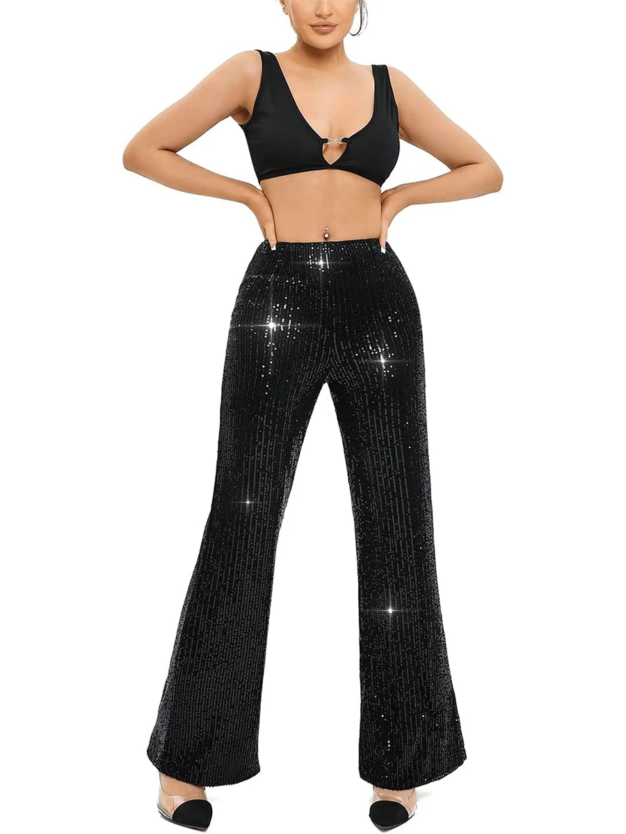 Women Flare Pants Shiny Sequined Stretchy  Fit Ladies Long Trousers for Club Bar