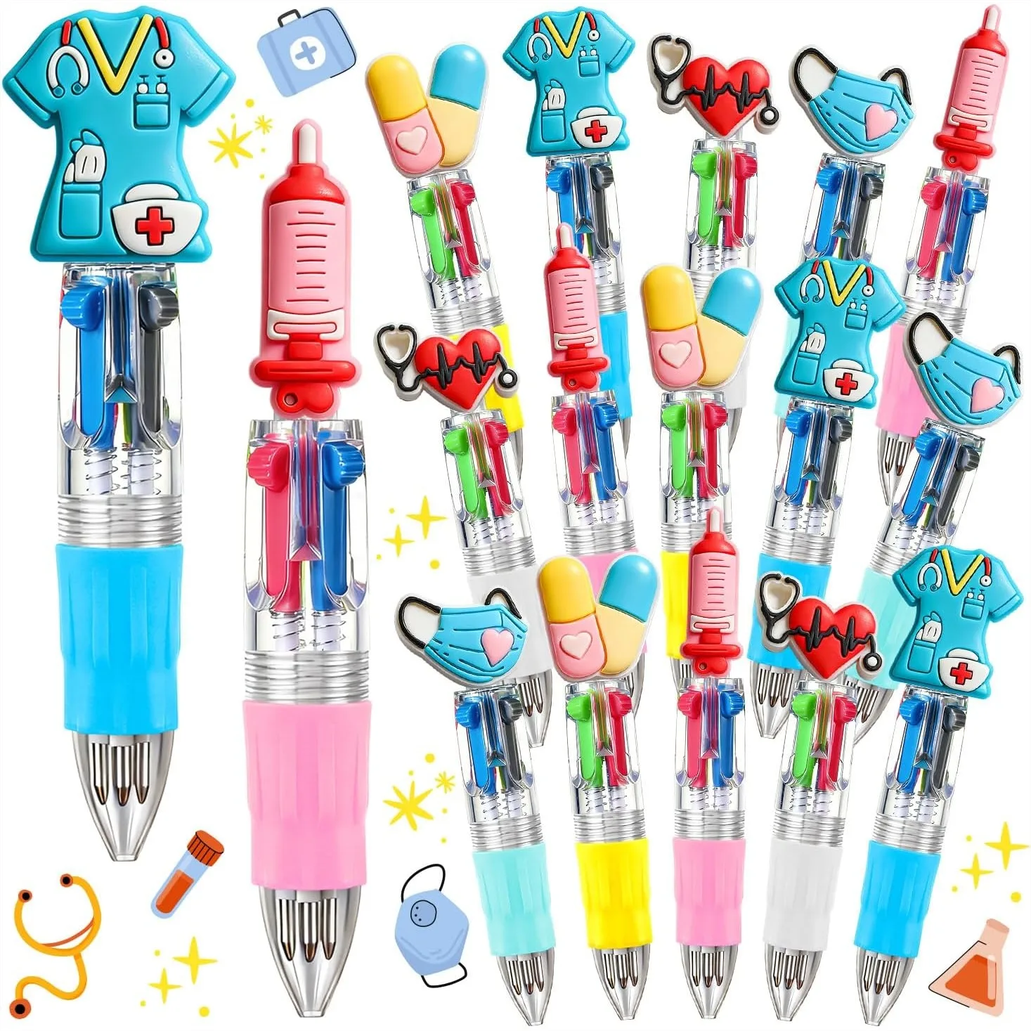

15 Pcs 4 in 1 Mini Multicolor Ballpoint Pens Cute Retractable 0.7mm for Kids Nurses School Students Appreciation Gift