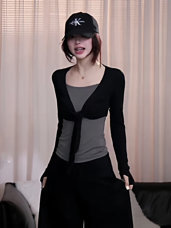 

Slim Fit Long Sve T-irt Women's Spring New Sle Belted Two-Piece Base irt Top Breathable Comfortable Skin-Friendly