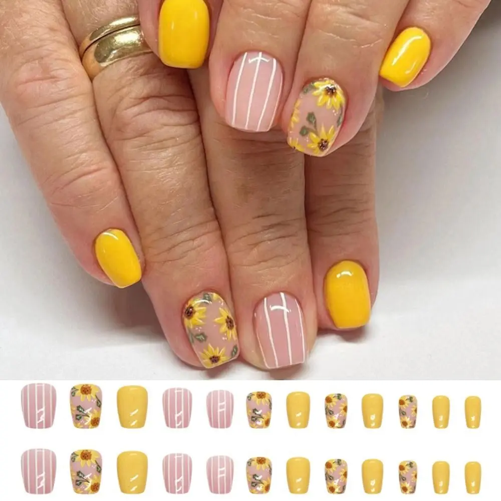 أزياء راقصة الباليه الطويلة الأظافر كاذبة الفرنسية عباد الشمس الأظافر وهمية غطاء كامل انفصال اضغط على الأظافر DIY