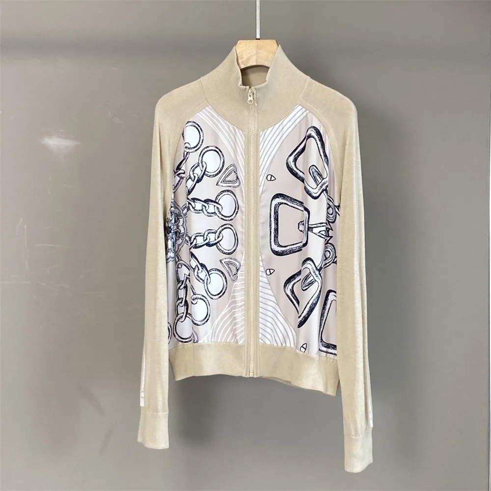 

25. ранняя осень, новый вязаный кардиган с воротником-стойкой, шелковый саржевый принт, шерстяной вязаный топ с длинными рукавами для женщин