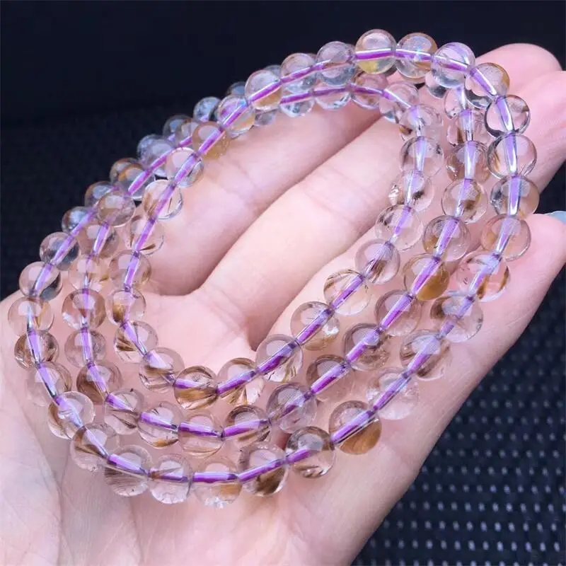 6MM Natural Purple Rutilated Quartz Triple Circle Bracelet Handmade Crystal Jewelry Stretch Bangle Children Birthday Gift