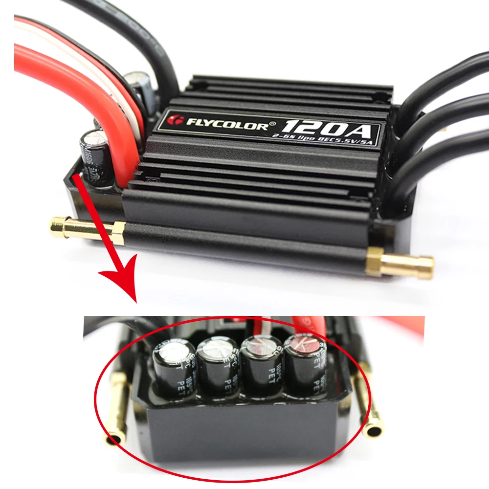 

Бесколлекторный регулятор скорости FlyColor 50A 70A 90A 120A 150A (ESC) 2-6S с BEC 5.5V/5A для радиоуправляемых моделей лодок и кораблей