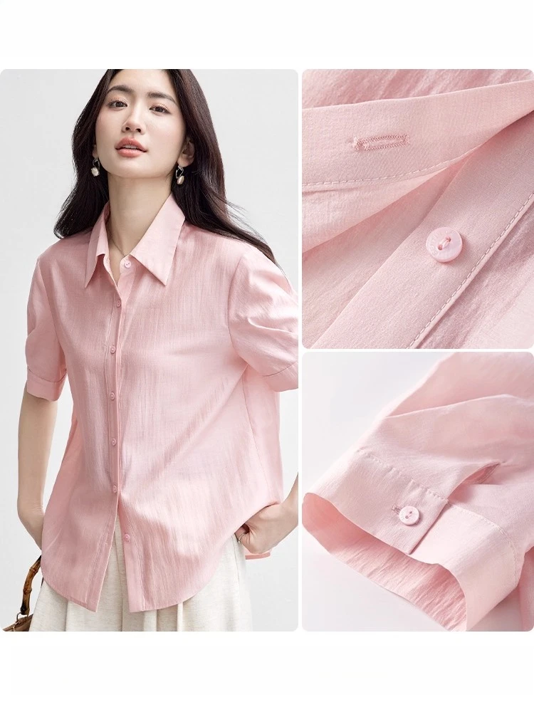 SENTUBILA Lyocell Silk Women's Commuter Shirt 2025 Summer Pleated Lapel Short Sleeve Loose Breathable Top 152C80560