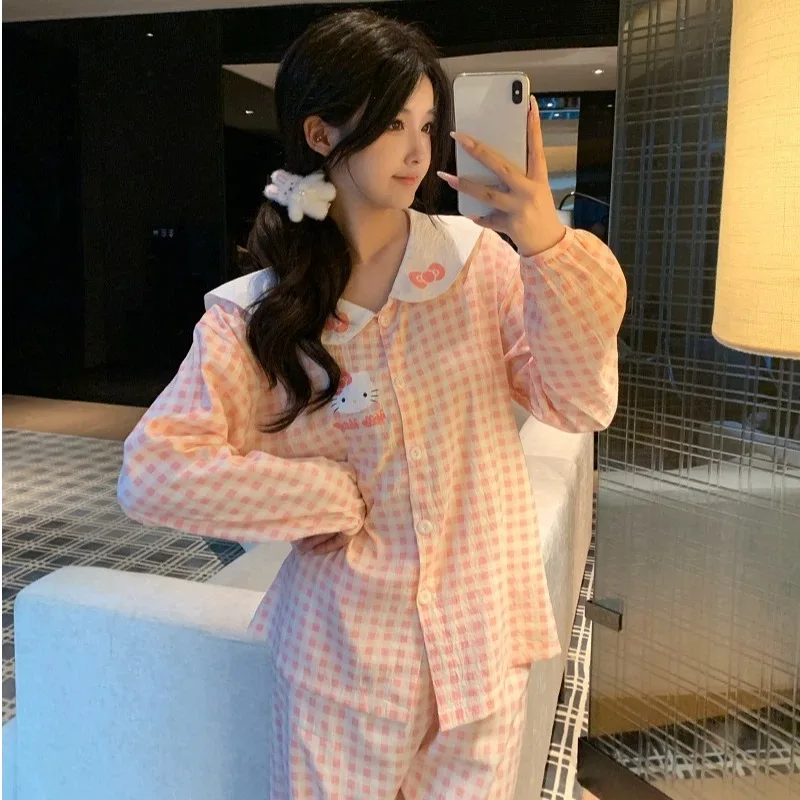 

2 шт., пижамы больших размеров Sanrio, женские пижамные комплекты с героями мультфильмов «Hello Kitty Kawaii», милый осенне-зимний новый пижамный комплект с бантом