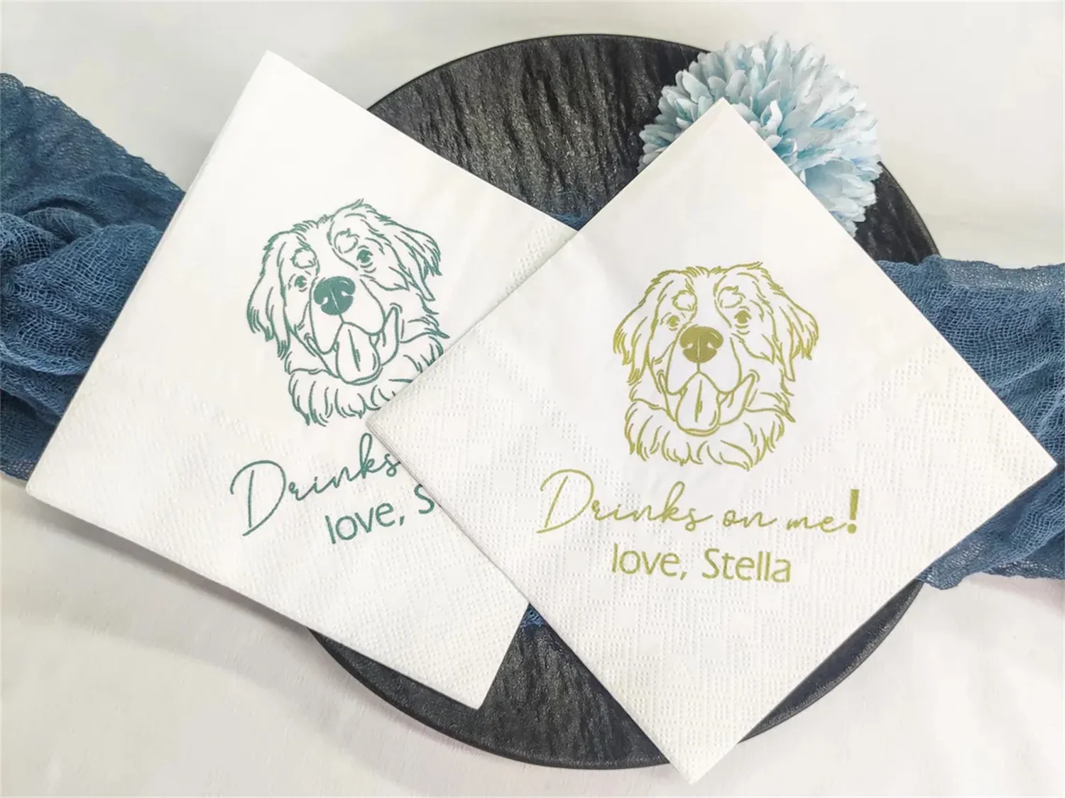 Guardanapos ilustrados personalizados para casamento de cachorro, 50 peças, chá de panela, festa de noivado, guardanapos de bar personalizados, guardanapo de casamento para animais de estimação personalizado