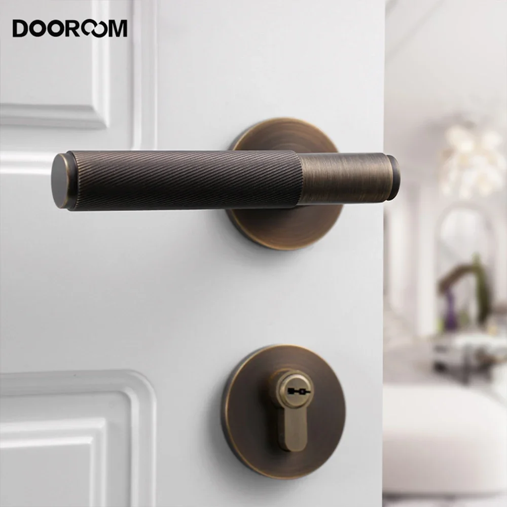 DOOROOM New Brass Knurled Door Lock Handle Set Privacy Dummy Black Gold Interior Bedroom Bathroom Double Wood Door Lever Indoor