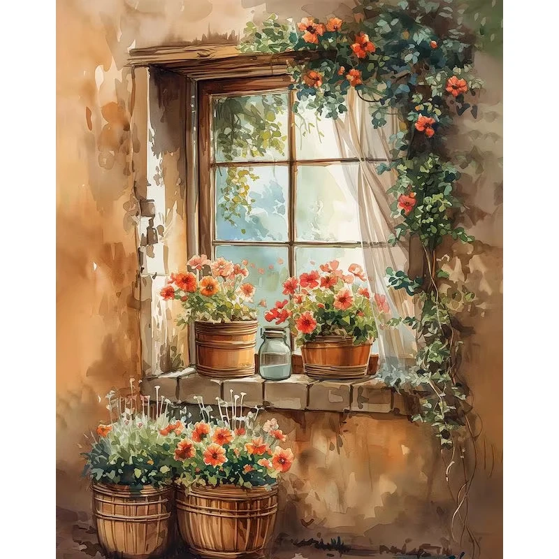 Malen nach Zahlen Set Fensterbank-Blumen Leinwand-Zahlenmalerei DIY Bilder nach Zahlen Heimdekoration