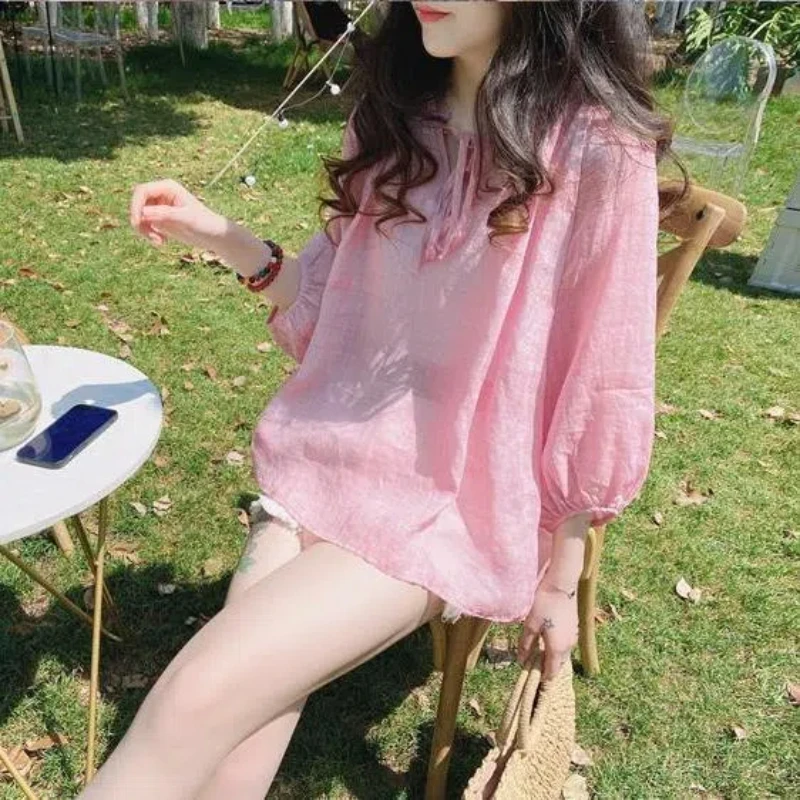 Summer New Korean Loose Shirt Tops Lacing 3/4 Sleeve O-neck Solid Simplicity Thin Sweet Blouse Fashion Trend Women Clothing