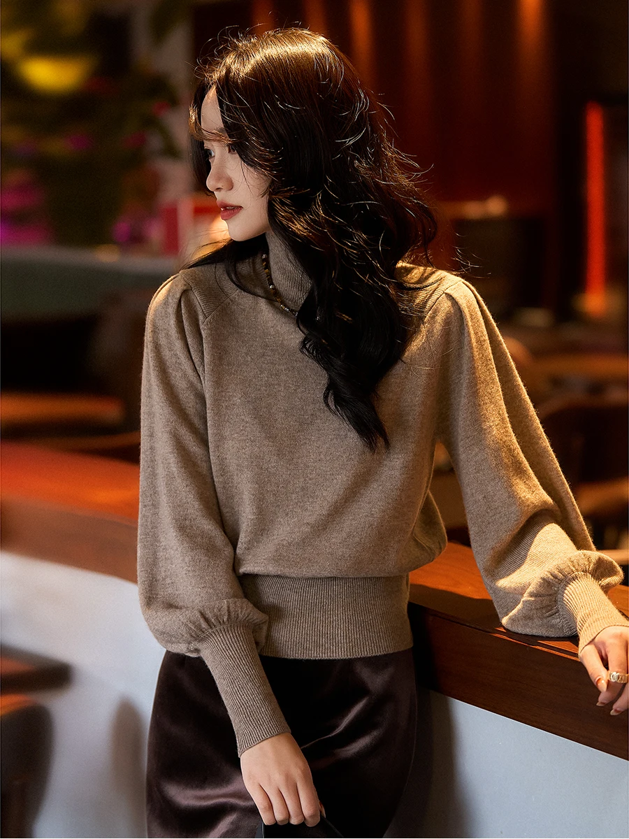 

Xhange Autumn Winter New Sle Commute Casual Faion Warm Two Color eep Horn Sve Hide Meat Wool Camere Knitted Sweater