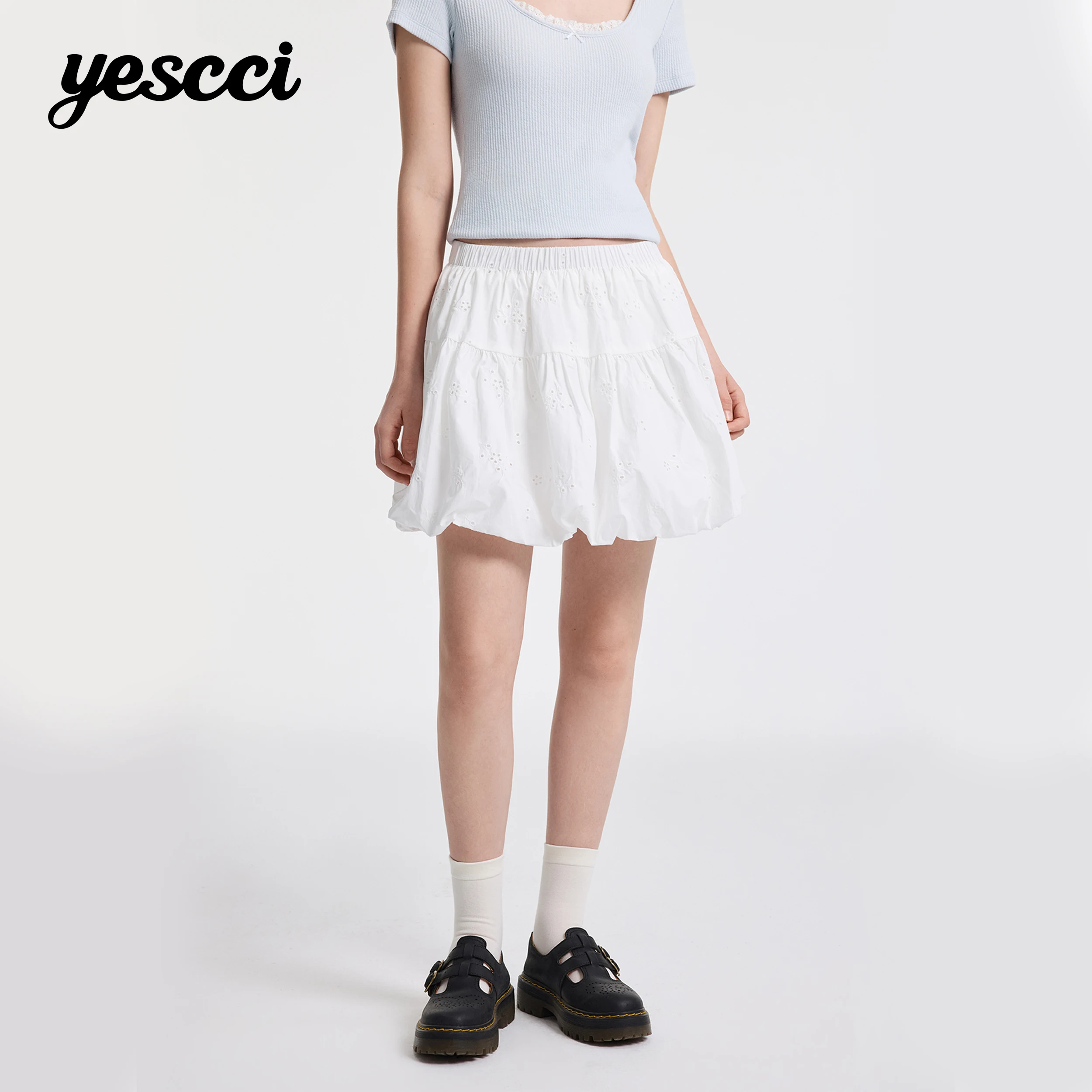 YESCCI Bubble Mini Skirt 2026 Summer Eyelet Embroidery Elastic Waist A-Line Short Skirts Sweet Casual Woman Clothes S56346129