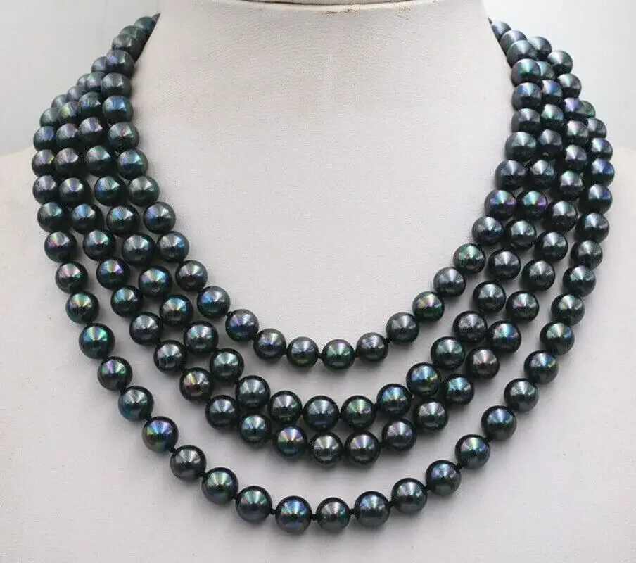 Genuine 8MM Black White  Gold color Multicolor Shell Pearl Round Beads Long Necklace 50'' AAA