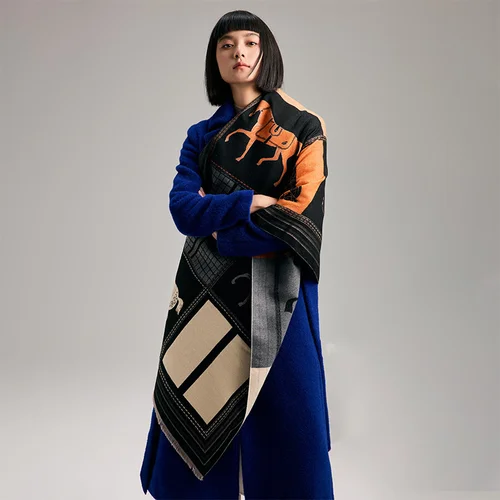 Imagen 2 del producto Nueva bufanda de invierno para mujer, Pashmina cálida de Cachemira suave a cuadros con estampado de caballo, Bufandas, chal grueso, Bufandas, estolas con borlas, Hijabs