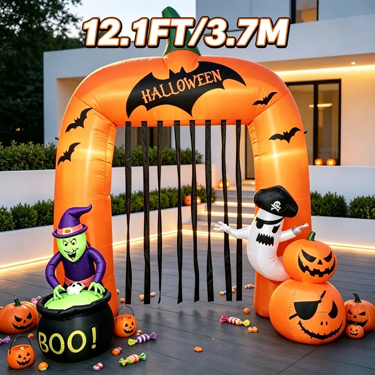 12.1FT Halloween Yard Lawn Outdoor Decor Holiday Decor Inflatable Ornaments Cauldron Witch Ghost Pumpkin Inflatable Decor