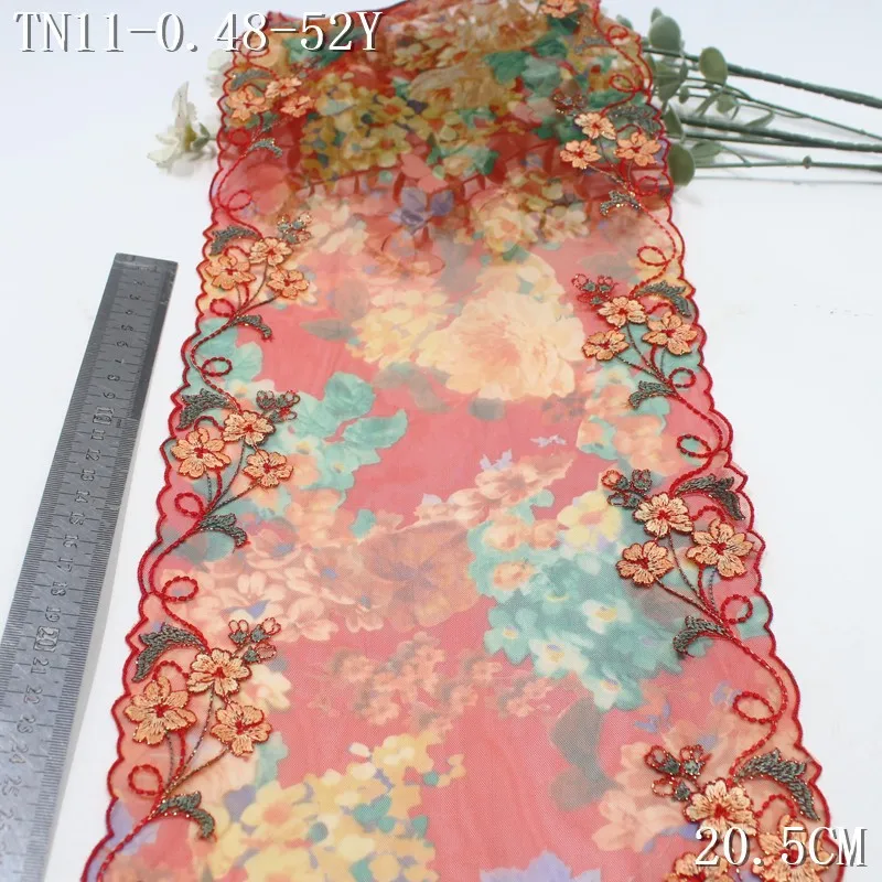 

10 ярдов/лот, 22,5 см шириной, красная сетчатая блестящая кружевная тесьма с вышивкой в сине-розовом цвете для одежды и свадебных нарядов