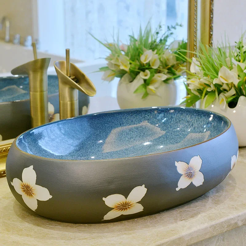 Art Stage Basin Jingdezhen Ceramic Washbasin Small Oval Chinese Pearl Flower Wash basin