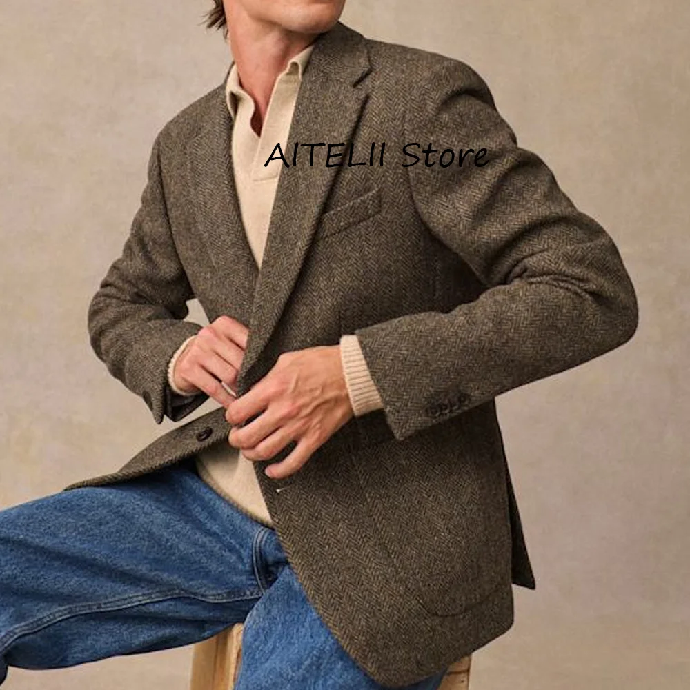 

Модные куртки с воротником для костюма с двумя пуговицами, повседневные деловые пальто с квадратными карманами для мужчин, мужская куртка из ткани «елочка»