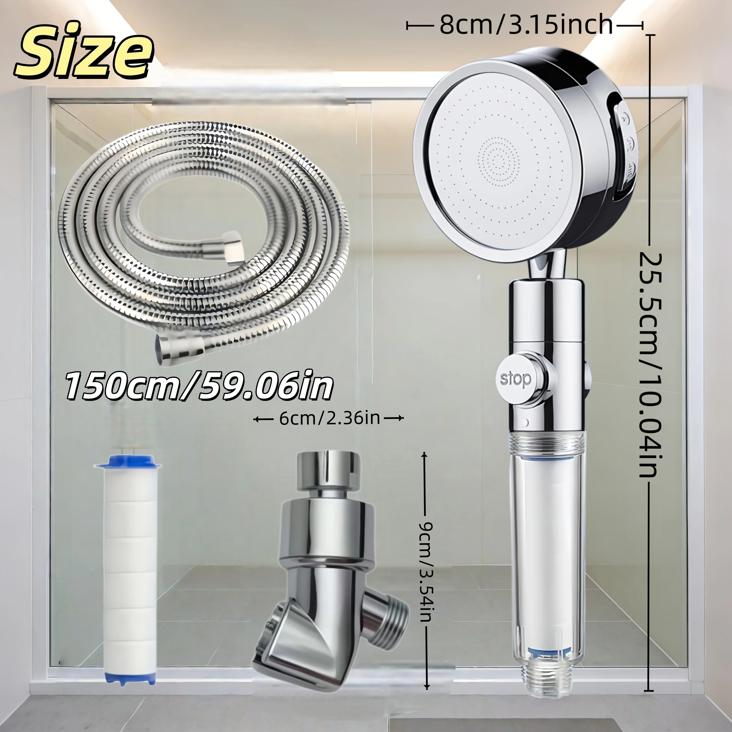 Visible Filter Window Handheld Shower 3 Modes 360° Rotate One-Click Stop 20/15/10 Filters American Bracket Hose Home Use