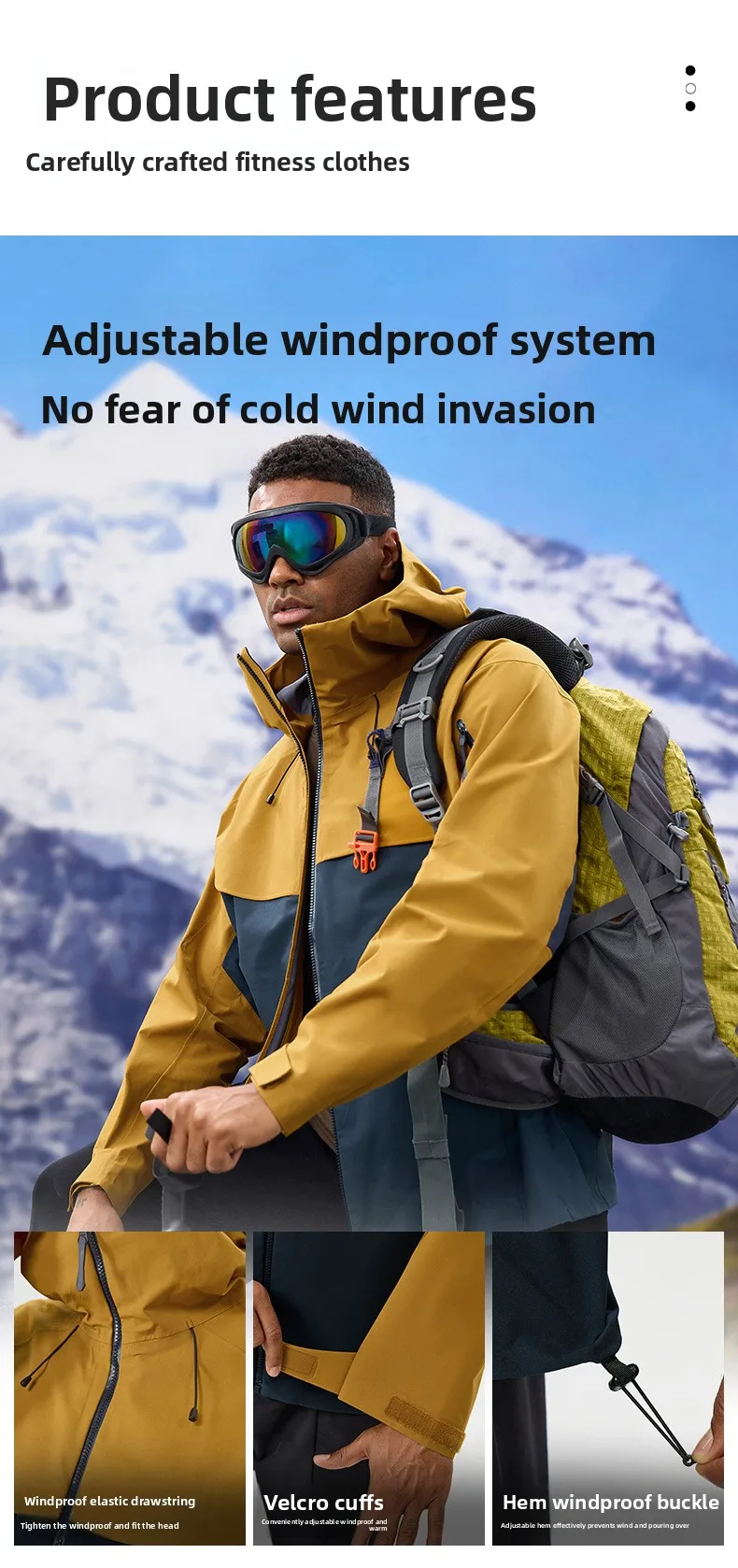 Herbst- und Winter-Hardshell-Windbreaker Winddichte Regenfeste Atmungsaktive Outdoor-Wander- und Bergsteiger-Skijacke mit Kapuze – Detail 10
