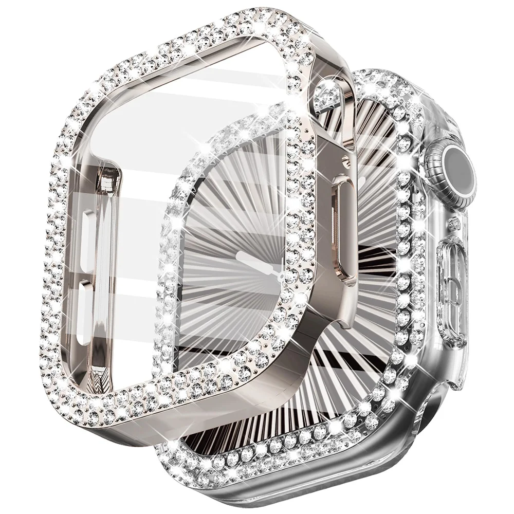 Diamond Cover For Apple watch Case 45mm 41mm 44mm 40mm Tempered Glass+Bling Bumper Screen Protector iWatch series 9 8 7 6 5 4 SE