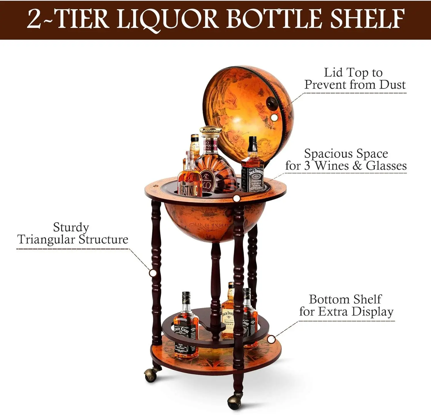 Wijnbarstandaard 16e-eeuwse Italiaanse houten bolrek Drankflessenplank met wielen, 17'' (retro bruin)