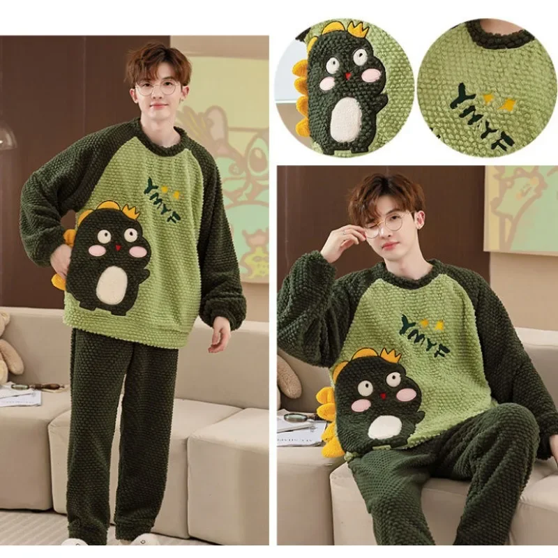 Male Coral Velvet Sleepwear Men's Pajamas Autumn Winter Cartoon Loungewear Youth Loose Size Plush Thicken Warm Home Clothing Set