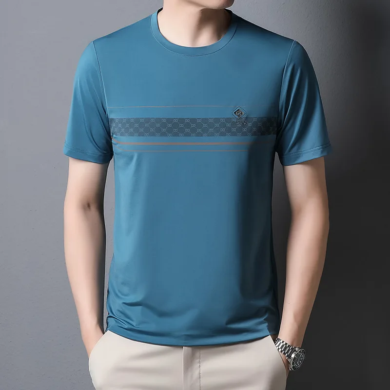 Casual Fashion Short Sleeve Polo-Neck Pullovers Tops Male Clothes Summer Round Neck Printed Spliced Solid Color T-shirt for Men