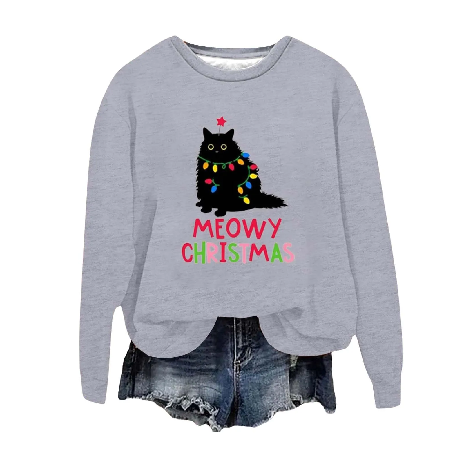 Fat Cat Print Christmas Women\'S Sweatshirts Meowy Cute Pattern Hoodie Winter Warm Comfortable Cotton Ladies Causal Xmas Clothing