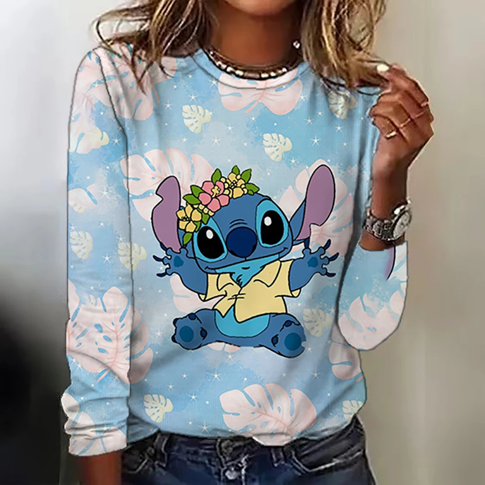 New women\'s round neck T-shirt long sleeved top Disney Christmas Stitch print fashionable and trendy women\'s T-shirt top for aut