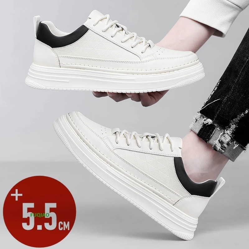 

Men's Summer Invisible Height Increasing 5.5CM Board Shoes Leather Breathable Lift Sneakers Lace Up Thick Bottom Outdoor Sports
