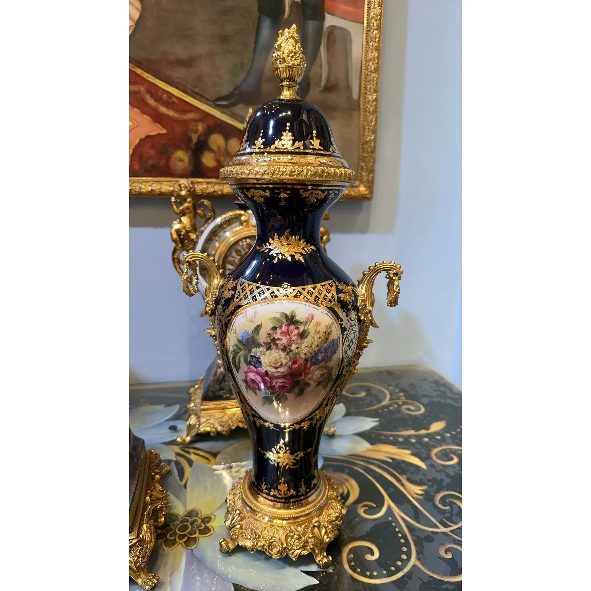European Sapphire Glazed Copper with Porcelain Vase French High-End Vase