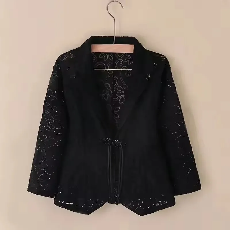 Fashion Women Blazer Thin Jacket 2025 New Spring Cardigan Hollow Lace Three-quarter Sleeve Suit Coat Ladies Sun Protection Clot