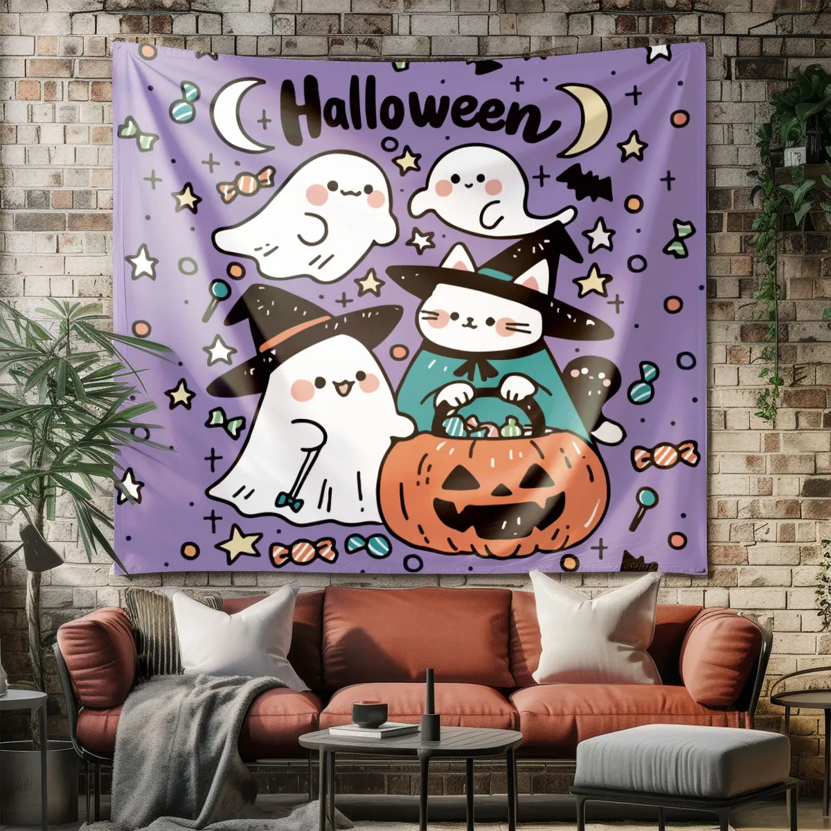 1PC Cute Ghost Black Cat Halloween Tapestry Wall Hanging Background Cloth Party Bedroom Wall Decor Gift