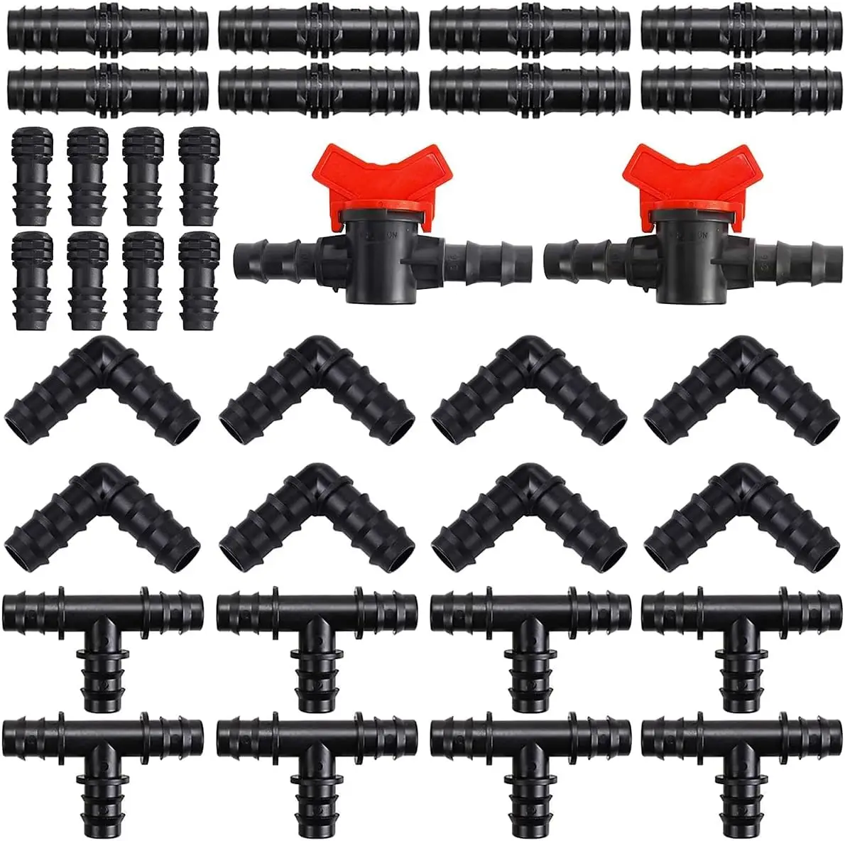 34Pcs 1/2 Inch Drip Irrigation Fittings Kit, Includes Straight Connector Tee Elbow Plug for 16mm Garden Watering Hose Tubing